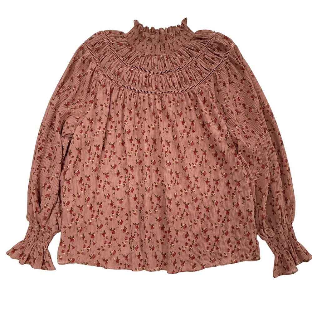White Birch Floral Smocked Mock Neck Plisse Blouse Dusty Rose XL T23006XL W542